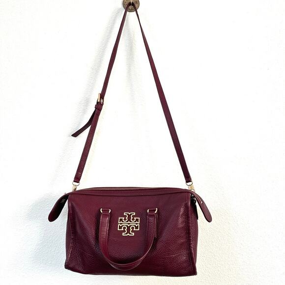 Tory Burch Britten Double Zip Doctor's Bag Dark Cherry Leather Gold Hardware - Picture 2 of 10